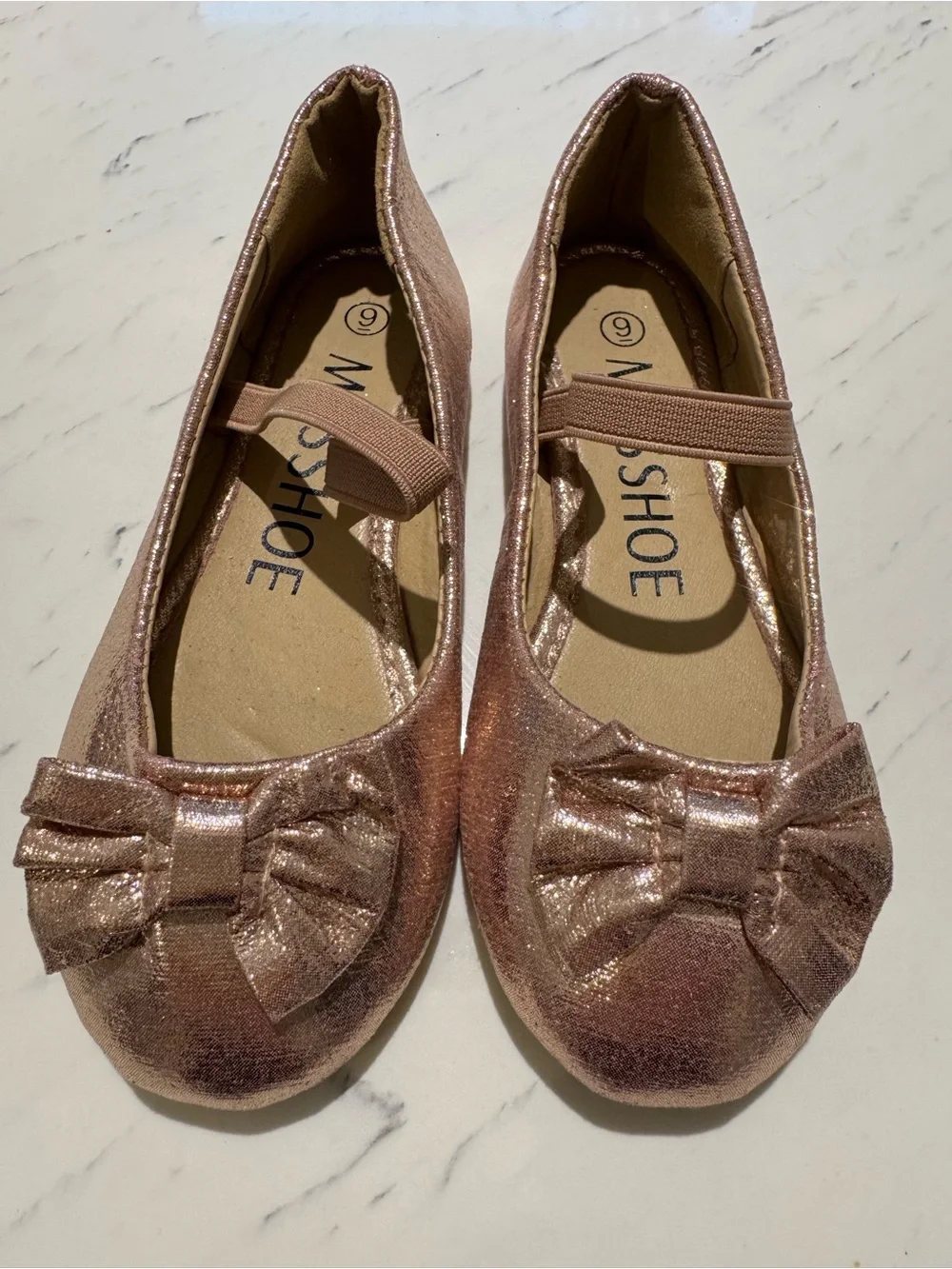 Girls Shimmery Rose Gold Ballet Flats with Bow